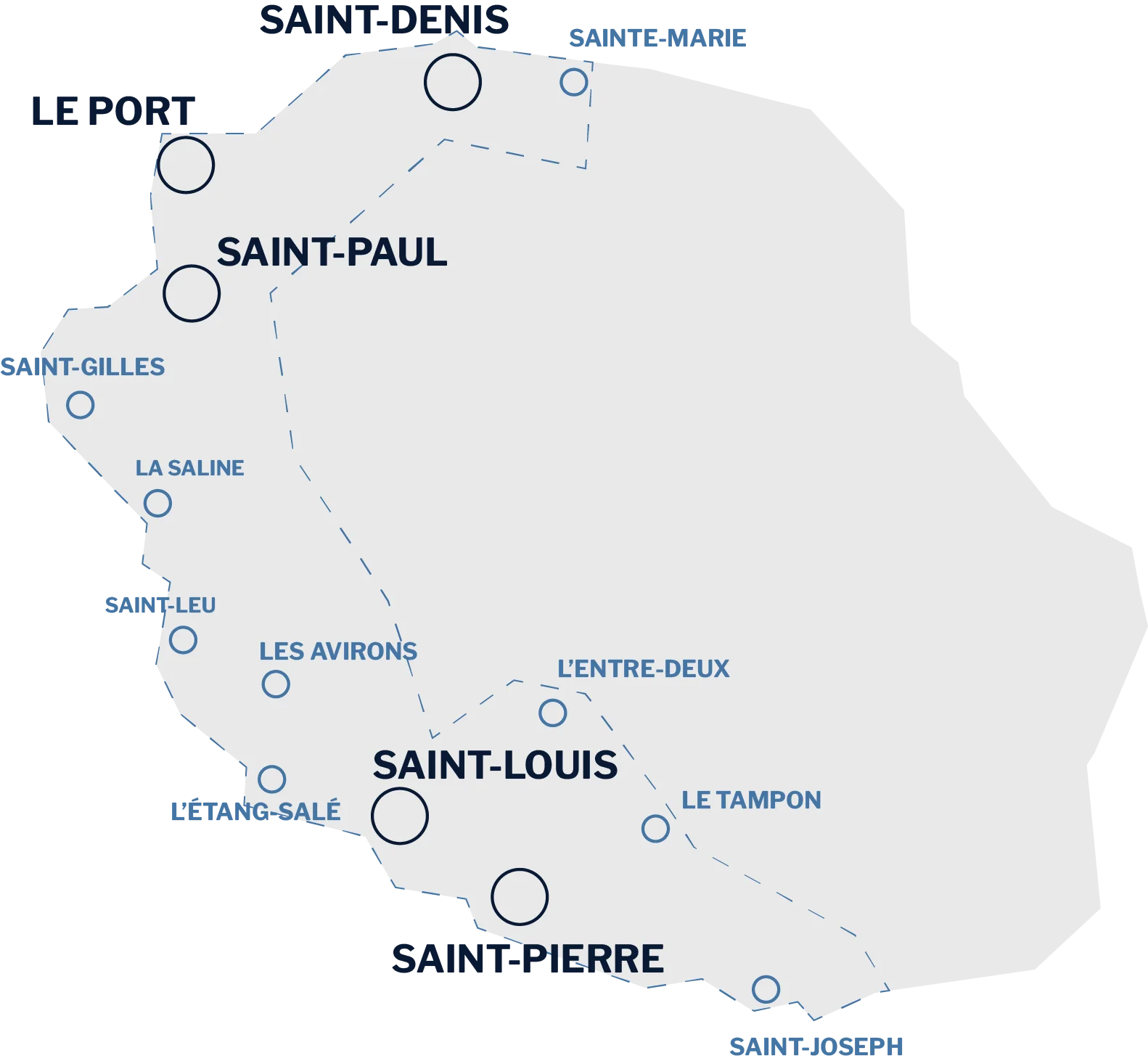 Carte de nos zones d'intervention à La Réunion — Saint-Denis, Le Port, Saint-Paul, Saint-Gilles, La Saline, Saint-Leu, Les Avirons, L'Étang-Salé, Saint-Louis, L'Entre-Deux, Le Tampon, Saint-Pierre, Saint-Joseph, Sainte-Marie
